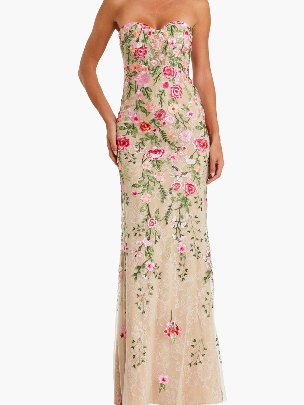 Mac Duggal Nude Strapless Floral Embroidered Gown